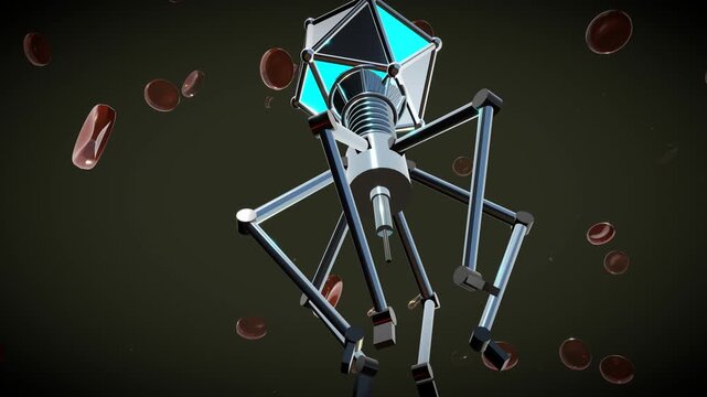 Extreme macro depth of field of the glass injector needle on a microscopic medical nanobot featuring a bio-mechanical chassis inside a bloodstream environment.