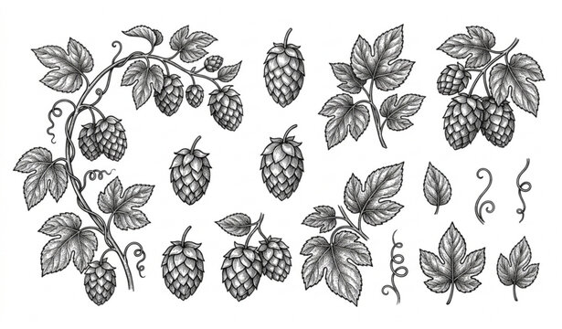 Detailed line art engraving design of organic hop plant cones icons for retro brewery craft beer packaging