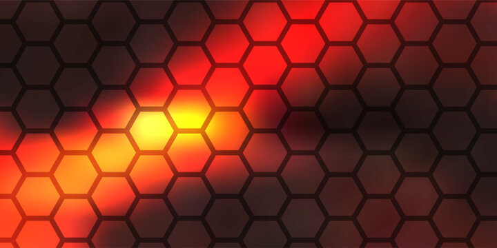 Abstract dark honeycomb pattern with glowing red and orange neon light background modern desain