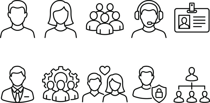 Human resources and user profile line icon set including team avatar support agent id badge management hierarchy vector
