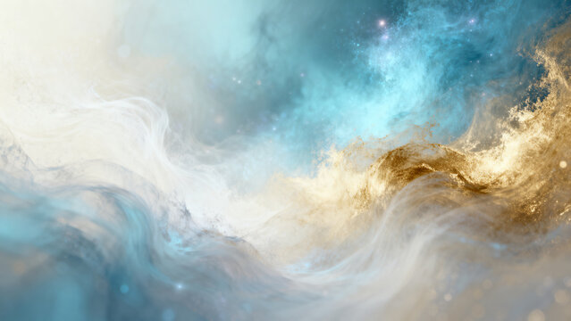 Wispy, out-of-focus gradients of ethereal off-white, periwinkle blue, and soft gold, extreme digital noise overlay, dreamlike cosmic background texture, light and airy composition