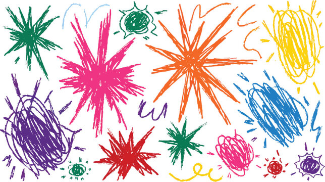 Explosions and Scribbles Vector Set with Bright Colors and Childlike Drawing Style for Design Projects