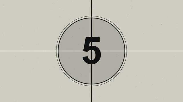 Film countdown leader timer with retro vintage style numbers from ten to zero on gray background