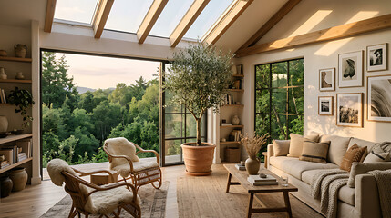 Fototapeta premium Bright and cozy living room with large windows overlooking lush greenery and a wooden ceiling design creating a warm, inviting
