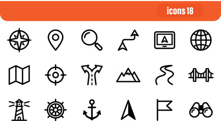 Fototapeta premium Navigation and Geography Location Line Icon Set