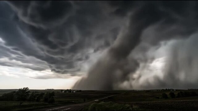 Massive tornado touching down over rural farmland