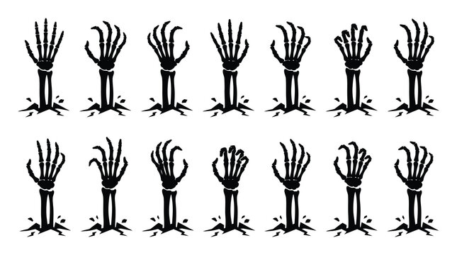 Black skeletal hands rising from ground, eerie scene