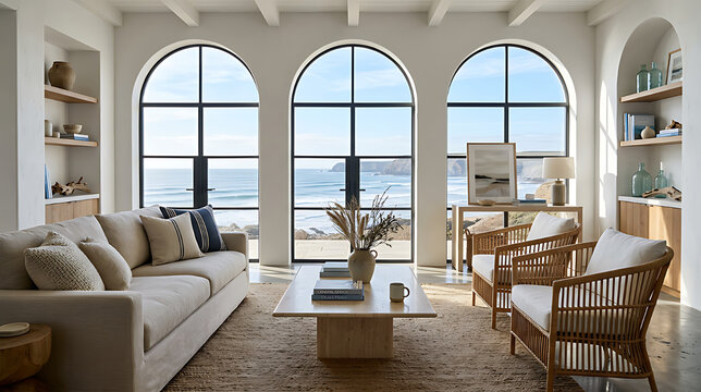 Serene living room with panoramic ocean views and minimalist decor emphasizing natural light and airy ambiance