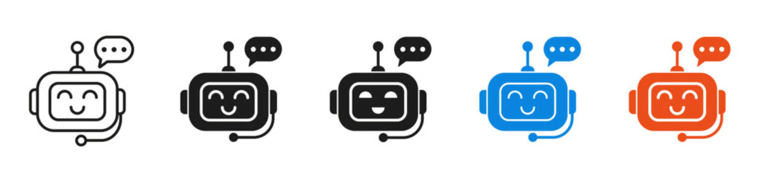 Chatbot icon set. AI assistant, robot chat, conversational bot, virtual assistant, and customer support symbols representing artificial intelligence, automation, messaging, and help desk services.