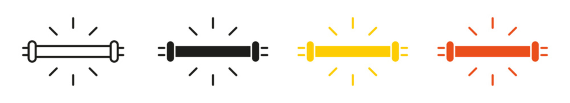 Fluorescent lamp icon set. Fluorescent tube light symbols representing illumination, electrical lighting, commercial interiors, industrial facilities, offices, and smart lighting systems symbols.