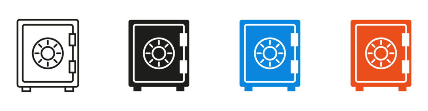 Safe vault icon set. Outline and colored security safe, vault door, secure storage, and digital protection symbols representing banking, cybersecurity, data security, valuables, and asset protection.