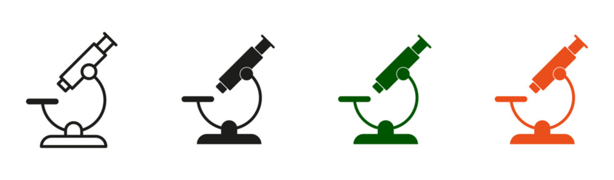 Microscope icon set. Laboratory microscope, scientific research, biology, chemistry, medical laboratory, and education symbols representing science, healthcare, biotechnology, and innovation.