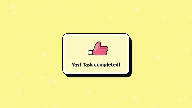 Task completion notification with a thumbs up icon and confetti on a yellow background for productivity and success concept