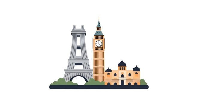 Iconic landmarks of Paris and London.