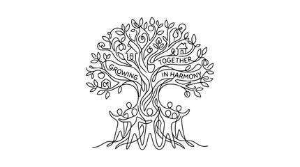 Fototapeta premium Family Tree Illustration: People Holding Hands Around Roots, Growing Together in Harmony