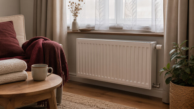 Salon d'hiver avec radiateur plaid et tasse chaude