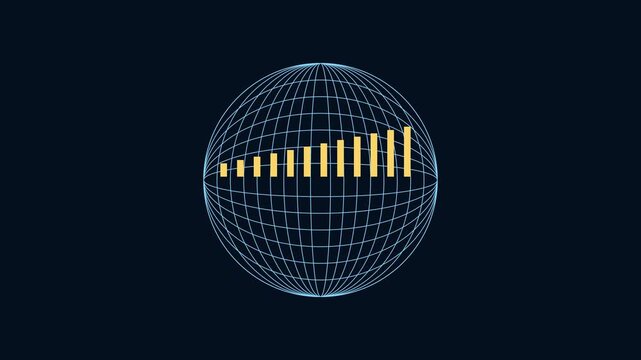 Digital global data growth chart with rotating wireframe globe animation 4k