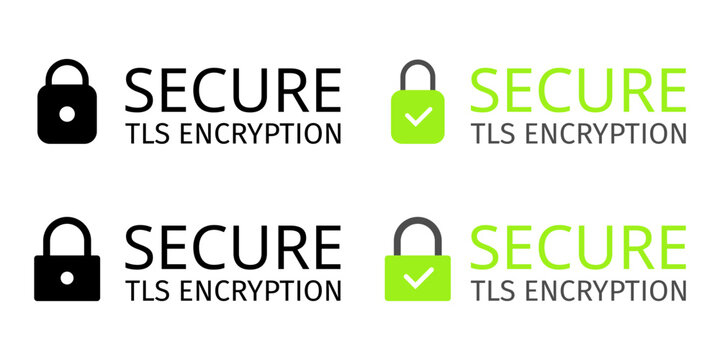Secure TLS Encryption Badge Label Set Vector Icon Black Green Padlock Lock Checkmark Cybersecurity Website Trust Seal SSL Security Certification for e-commerce sites, banking platforms, login portals