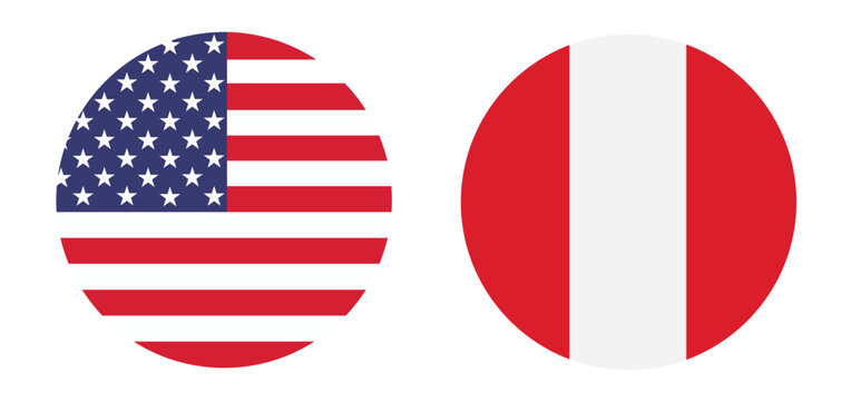 Circular United States and Peru National Flags Displayed as Flat Vector Graphic Icons