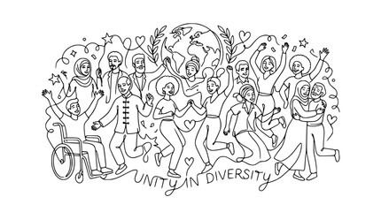 Fototapeta premium Diverse People Celebrating Unity and Diversity Around the Globe - Line Art Illustration