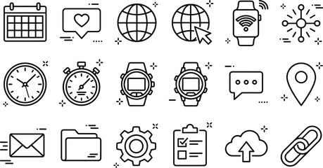 Technology and digital business line icon set including internet globe smartwatch calendar clock email chat and cloud computing © S O H A G
