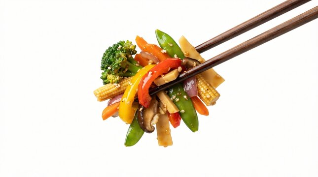 Close-up of a vibrant colorful stir-fry with assorted vegetables including broccoli, corn, bell peppers, snap peas, mushrooms, and carrots held in wooden chopsticks against a clean white background