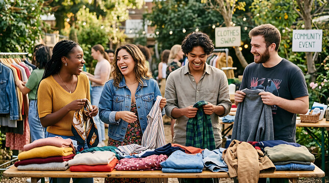 Diverse friends laughing while sorting used clothes at a community swap event