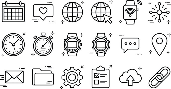 Technology and digital business line icon set including internet globe smartwatch calendar clock email chat and cloud computing