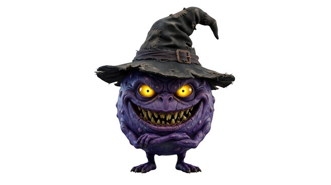 Cartoon purple monster wearing a witch hat isolated on transparent background