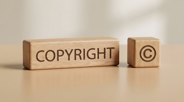 Intellectual property concept featuring copyright engraved wooden block for legal ownership and creator rights