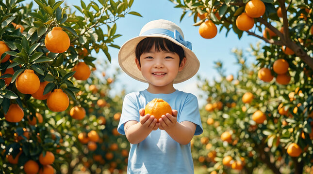 한라봉을 들고 웃는 제주 농장 소년 / Smiling Boy Holding Hallabong Orange at Jeju Farm