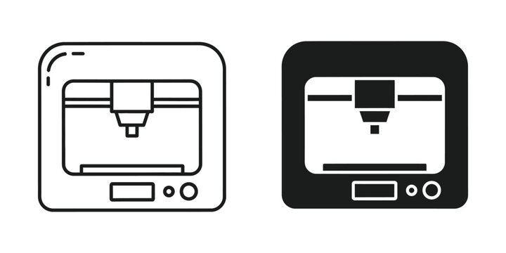 Desktop 3d printer set featuring modern additive manufacturing equipment in line and solid black silhouette