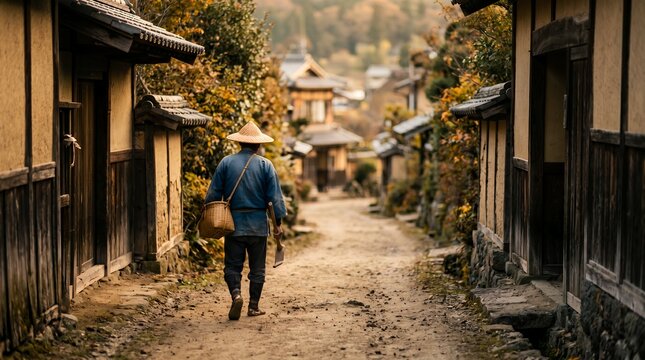 A lone traveler in a straw hat walking down a rustic Japanese path