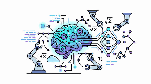 Robotic arms build a futuristic digital brain with gears and neural networks