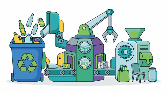 Recycling machinery sorts and processes waste materials like bottles and cans