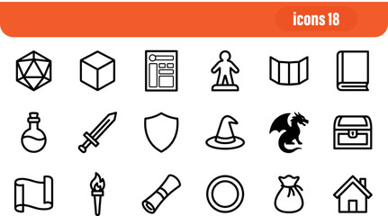 Fototapeta premium Fantasy RPG and Adventure Gaming Line Icon Set