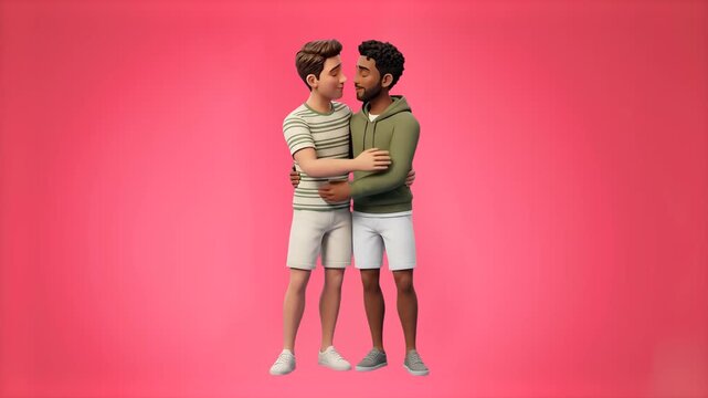 A heartwarming 3D rendering of two young men in casual summer outfits embracing each other warmly and smiling, isolated against a solid bright pink backdrop. Excellent for diversity marketing, LGBTQ+ 