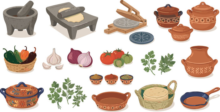 Traditional Mexican Kitchenware and Cooking Ingredients Vector Set with Clay Pots, Metate, Tortilla Press, Molcajete, Fresh Vegetables, and Herb Graphic Elements
