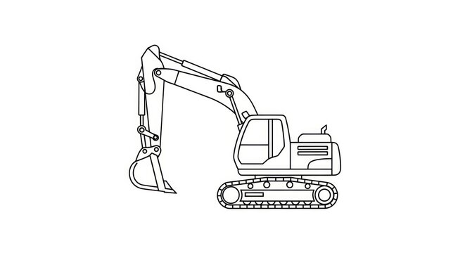 Simple black and white line drawing of a heavy construction excavator.