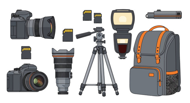 A comprehensive collection of essential photography equipment including cameras, lenses, tripod, flash, memory cards, and a backpack, illustrated in a cartoon style.