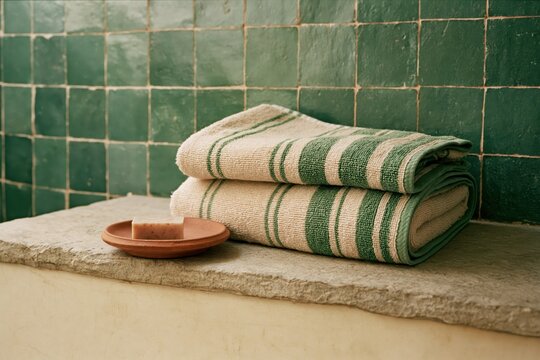 Folded hand-woven towels on green Moroccan zellige bench with terracotta soap dish, cozy spa bathroom interior, authentic wellness lifestyle.