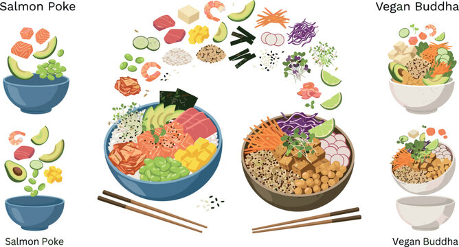 Salmon Poke and Vegan Buddha Bowl Vector Set with Fresh Flying Ingredients, Asian Chopsticks, and Healthy Nutritional Food Recipe Illustration Elements