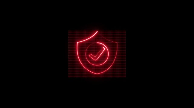 Shield symbol with a checkmark glowing in vibrant red neon light stands against a dark background symbolizing digital security and data protection measures for modern internet users and corporations.