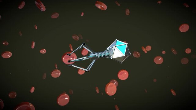 High-angle dynamic swim tracking of organic paddle propulsion on a microscopic medical nanobot featuring a bio-mechanical chassis inside a bloodstream environment.