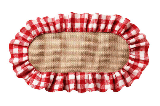 Natural burlap canvas label with red gingham checkered ruffled border isolated on white background, Clipping Path, png