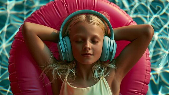 Top-down view of a peaceful blonde girl floating on a pink inflatable ring in a swimming pool, wearing headphones with her eyes closed in relaxation.