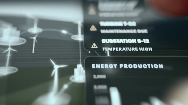 Wind farm monitoring interface displaying system warnings