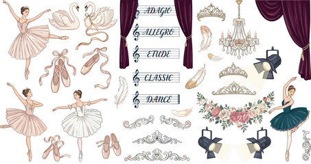 Elegant Swan Lake Ballet Vector Element Set Featuring Ballerina Dancers, Pointe Shoes, Stage Curtains, Music Sheets, and Theater Performance Graphic Illustrations © Monirul
