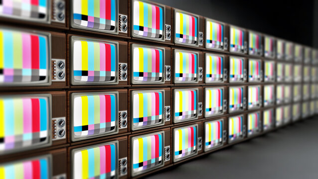 Old analogue televisions with test screens stack. 3D illustration