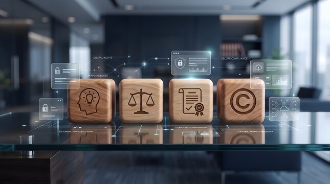 Secure legal compliance and digital rights management represented by wooden cubes with intellectual property icons on glass desk